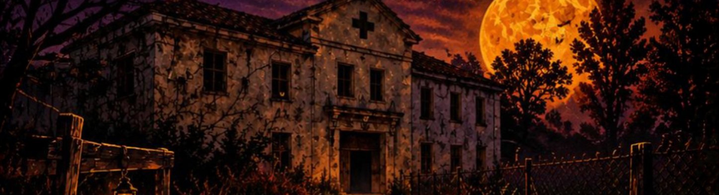 Ilustración de un viejo hospital abandonado bajo la luna llena